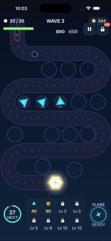 Towers defending a winding neon path in Prismhold