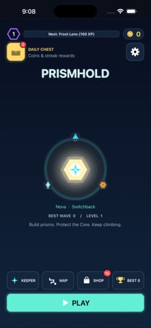 Prismhold start screen with Play, Keepers, Shop and Records